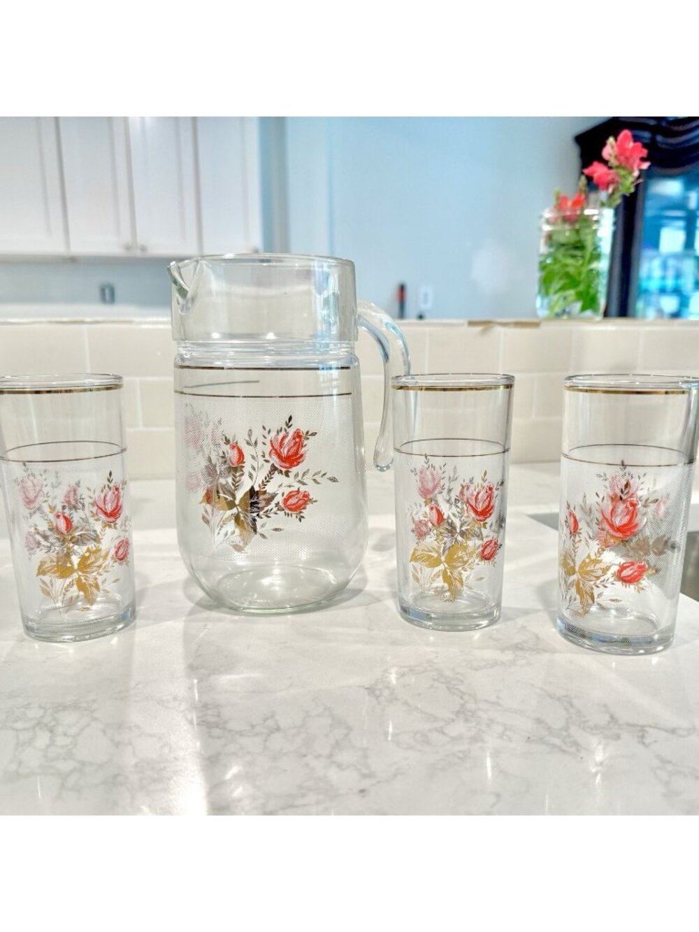Sangria Pitcher Set Vintage Mid Century Gold Glass Cocktail Glasses Rose Painted